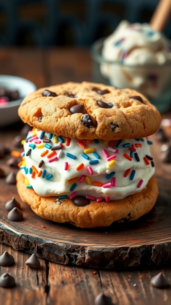 Delicious ice cream sandwich with chocolate chip cookies and vanilla ice cream, decorated with sprinkles.